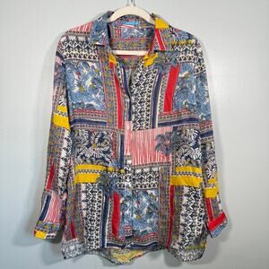 J. McLaughlin Linen Shirt L Tropical Pineapple Print Resort Beachwear Flaws